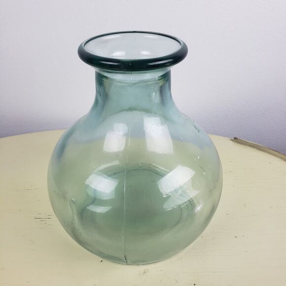 Round Clear Green Blue Glass Balloon Decor Handmade Vase 8” Tall By 8” Wide - Picture 2 of 6